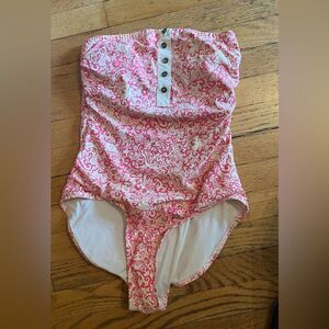 Pink and White Strapless Swimsuit